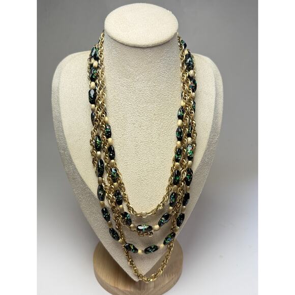 Rare HTF Vintage Crown Trifari 5-Strand Black Confetti Art Glass Beaded Necklace - Picture 3 of 10